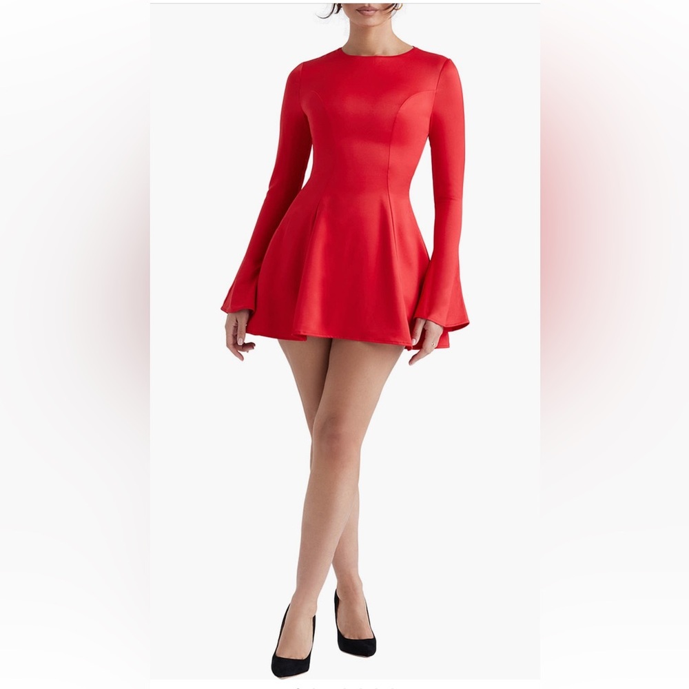 House of CB Sacha bell Sleeve Satin Skater Dress size M